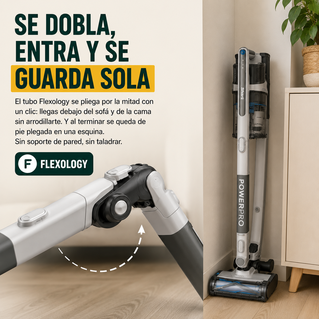 Se dobla, entra bajo el sofá y se guarda sola de pie